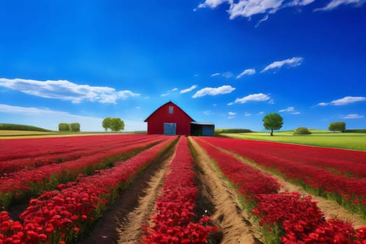 Serene pastoral vista with lively farmland and a picturesque red barn, all beneath a vivid blue sky for a scenic view that soothes the soul