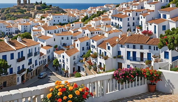 The image shows a town with white buildings and red roofs under a clear sky. The buildings are clustered together, creating a harmonious townscape. The red roofs stand out against the white facades, adding a pop of color to the scene.