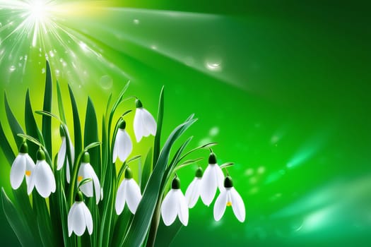 Blooming snowdrops on a green background. White spring flowers