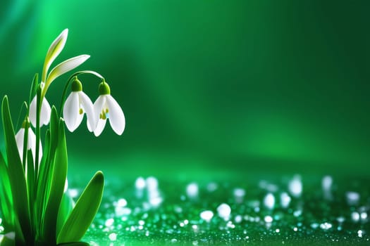 Blooming snowdrops on a green background. White spring flowers