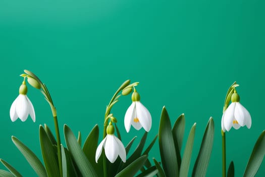 Blooming snowdrops on a green background. White spring flowers