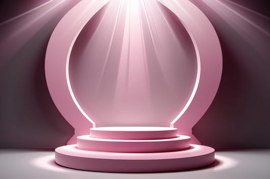 three-dimensional pink realistic product podium in rays of light on a monochrome background