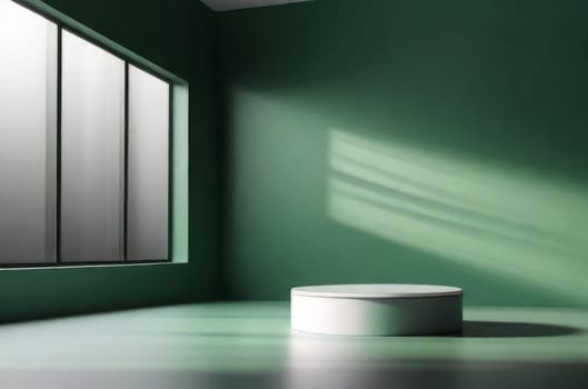 Three-dimensional green realistic product podium in rays of light on a monochrome background