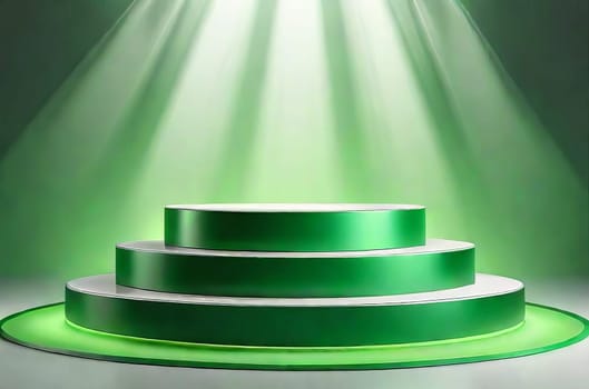 Three-dimensional green realistic product podium in rays of light on a monochrome background