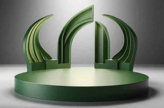 Three-dimensional green realistic product podium in rays of light on a monochrome background