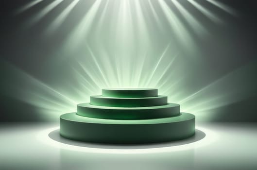 Three-dimensional green realistic product podium in rays of light on a monochrome background