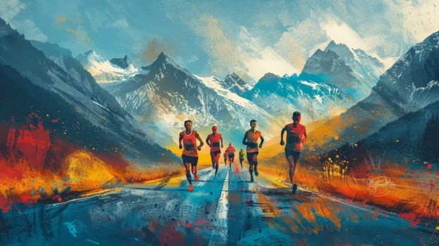 Endurance Journey, Marathon Runners on Scenic Route with Mountain Backdrop and Motivational Messages in Vibrant Colors.