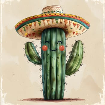 An illustration of a terrestrial plant wearing a sombrero and smiling. This creative arts piece combines painting and drawing to depict a flowering plant in a unique and artistic way