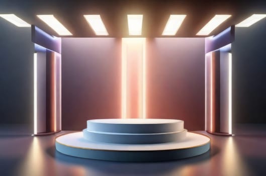 Three-dimensional color realistic product podium in rays of light on a monochrome background