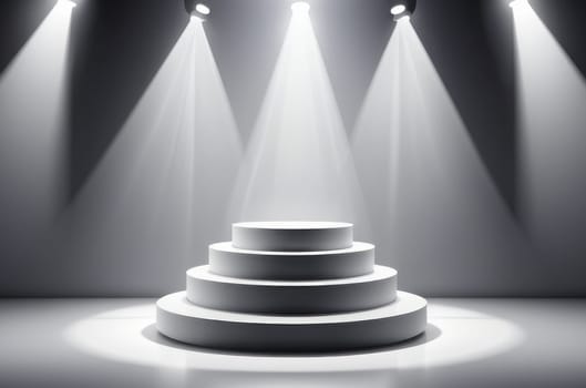 Three-dimensional color realistic product podium in rays of light on a monochrome background