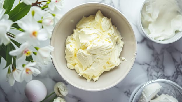 Creamy homemade butter in bowl, traditional food and country life