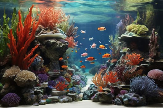 Underwater coral reef landscape with colorful fish. The concept of Earth Day