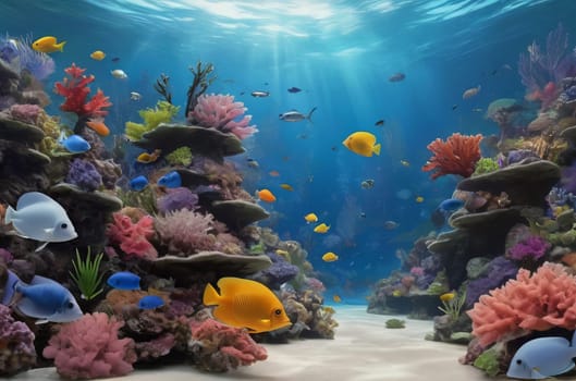 Underwater coral reef landscape with colorful fish. The concept of Earth Day