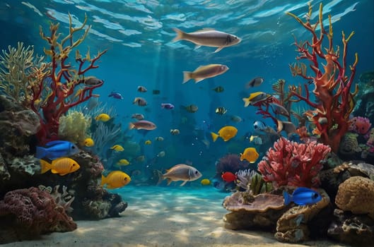 Underwater coral reef landscape with colorful fish. The concept of Earth Day