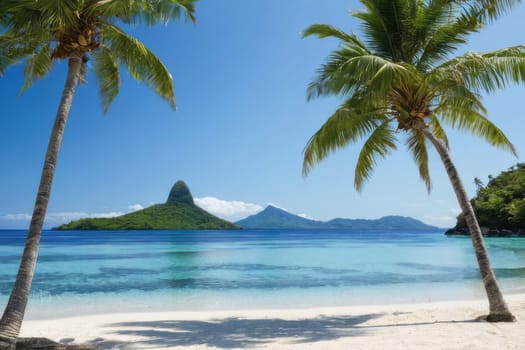 Serene beach view with palm trees and distant island. The concept of recreation and tourism