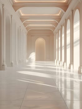 A building with columns, arches, and hardwood flooring stands empty, its hallway lined with windows. The symmetrical design creates a sense of grandeur