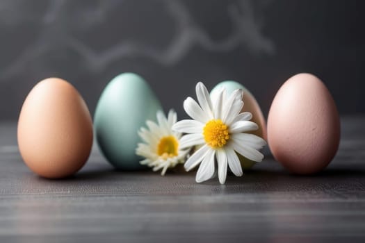 Colorful Easter eggs and blooming flowers on light gray background