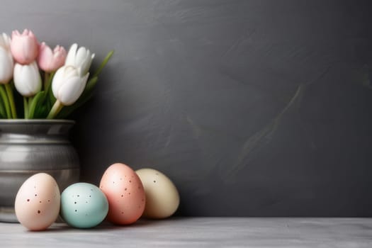 Colorful Easter eggs and blooming flowers on light gray background