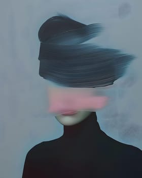 A woman in a black turtleneck and a hat poses for a blurry portrait. The hat is an electric blue costume hat, adding an artistic touch to her outfit