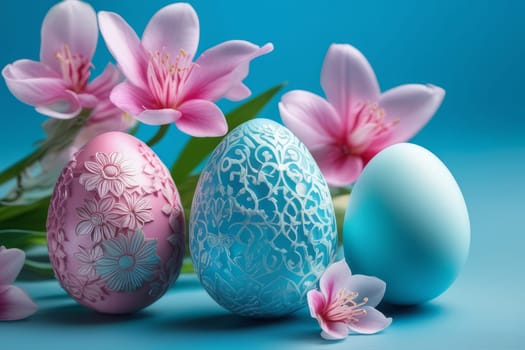 Colorful Easter eggs and blooming pink flowers on light blue background