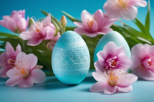 Colorful Easter eggs and blooming pink flowers on light blue background