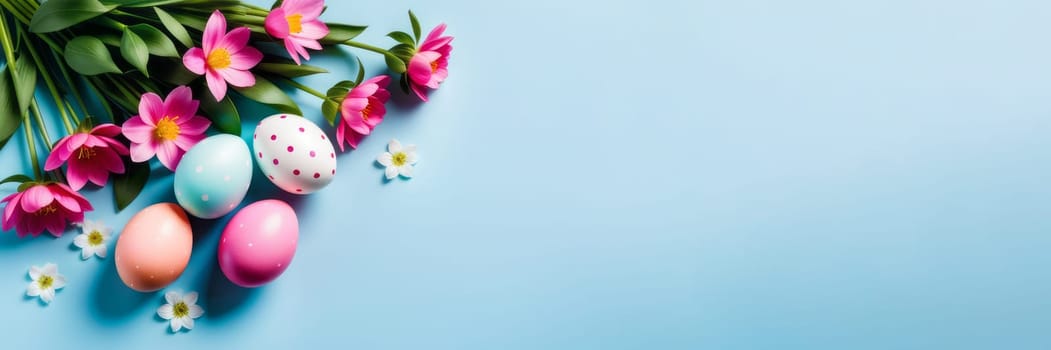 Colorful Easter eggs and blooming pink flowers on light blue background