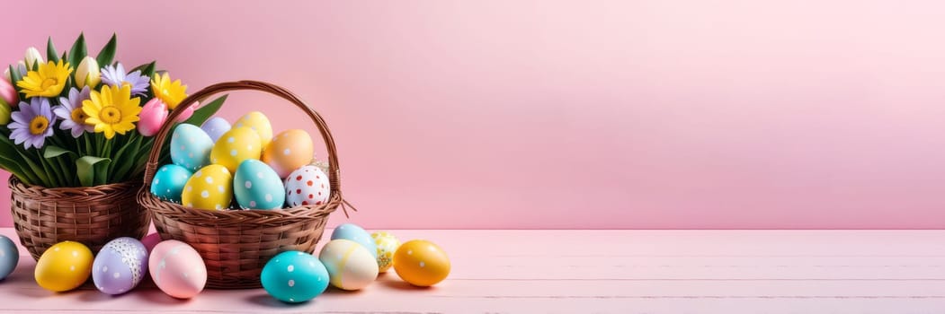 Basket with colorful Easter eggs and blooming flowers on the table on pink background