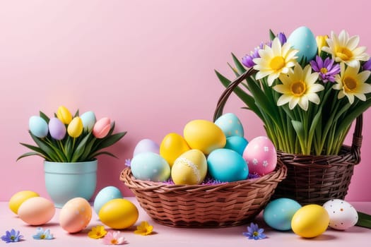 Basket with colorful Easter eggs and blooming flowers on the table on pink background