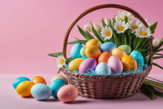 Basket with colorful Easter eggs and blooming flowers on the table on pink background