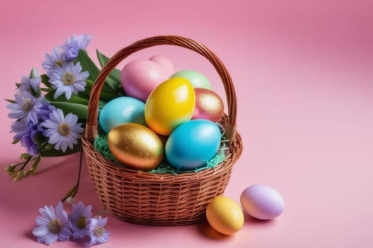 Basket with colorful Easter eggs and blooming flowers on the table on pink background