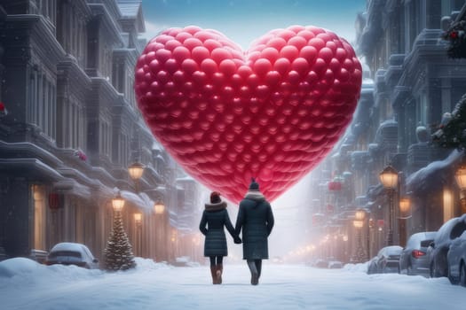 A couple walks through a snow-covered city with a heart-shaped balloon, rear view. The concept of celebrating Valentine's Day