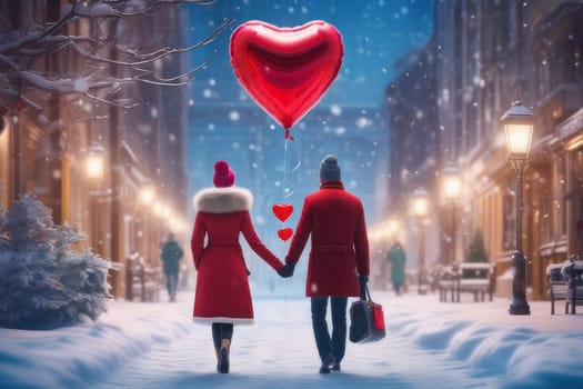 A couple walks through a snow-covered city with a heart-shaped balloon, rear view. The concept of celebrating Valentine's Day