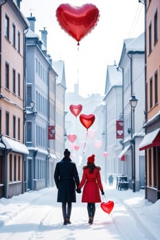 A couple walks through a snow-covered city with a heart-shaped balloon, rear view. The concept of celebrating Valentine's Day