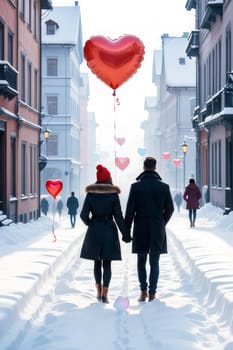 A couple walks through a snow-covered city with a heart-shaped balloon, rear view. The concept of celebrating Valentine's Day