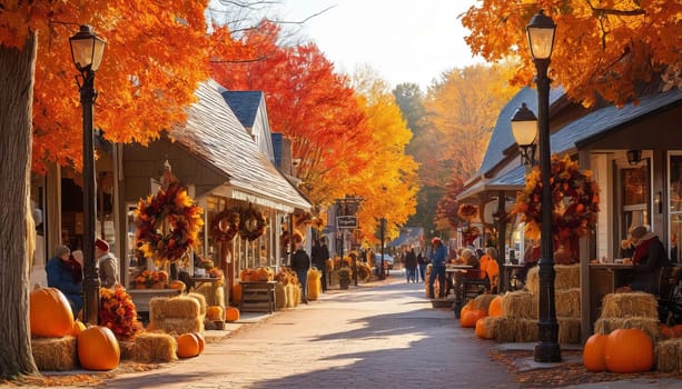 Cozy small town decorated beautifully for the fall season