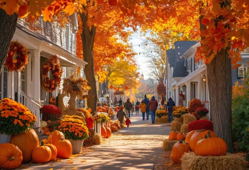 Enchanting rural town adorned with autumn-themed decorations