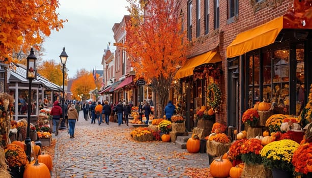 Enchanting rural town adorned with autumn-themed decorations