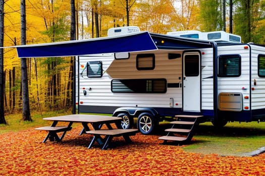 The trailer of the mobile home is camping in the fall, the concept of a family trip around the native country in a camper van or camper van and camping life