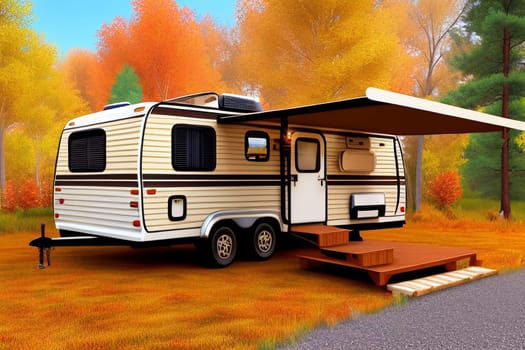 The trailer of the mobile home is camping in the fall, the concept of a family trip around the native country in a camper van or camper van and camping life