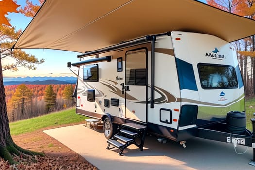 The trailer of the mobile home is camping in the fall, the concept of a family trip around the native country in a camper van or camper van and camping life