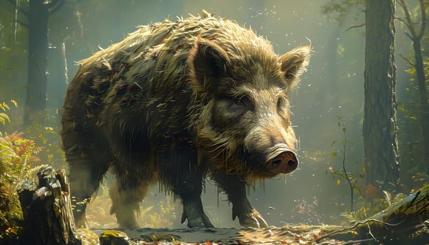 A terrestrial carnivore with fur and a snout, a wild boar, stands on a log in the woods surrounded by grass and a natural landscape