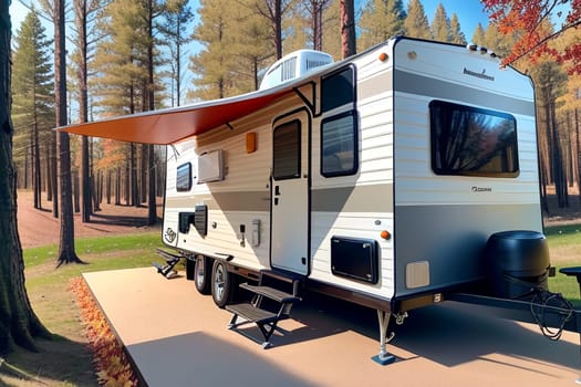 The trailer of the mobile home is camping in the fall, the concept of a family trip around the native country in a camper van or camper van and camping life