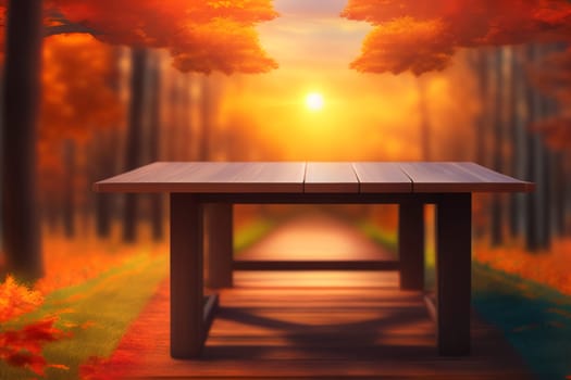 Empty wooden table in nature outdoor for free space for product, natural template with beauty bokeh and sunlight, beautiful autumn concept with nature outdoor