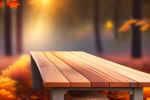 Empty wooden table in nature outdoor for free space for product, natural template with beauty bokeh and sunlight, beautiful autumn concept with nature outdoor