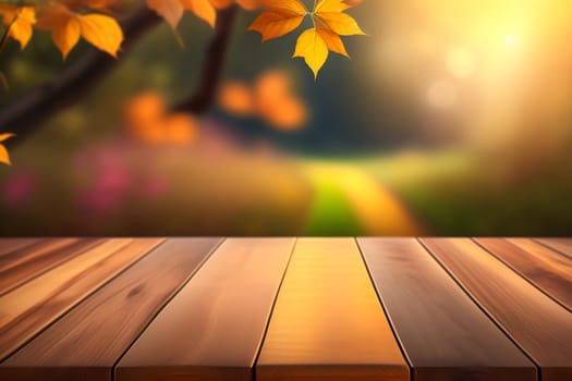 Empty wooden table in nature outdoor for free space for product, natural template with beauty bokeh and sunlight, beautiful autumn concept with nature outdoor