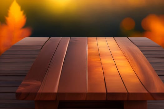 Empty wooden table in nature outdoor for free space for product, natural template with beauty bokeh and sunlight, beautiful autumn concept with nature outdoor