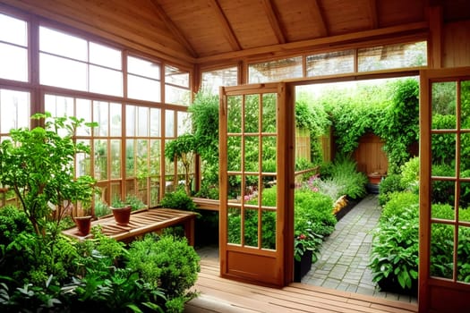 A spacious botanical garden in a large greenhouse. The concept of gardening and gardening