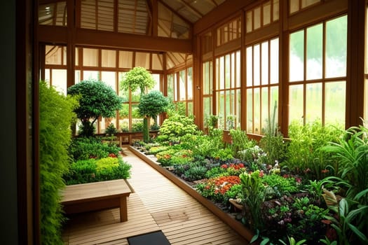 A spacious botanical garden in a large greenhouse. The concept of gardening and gardening