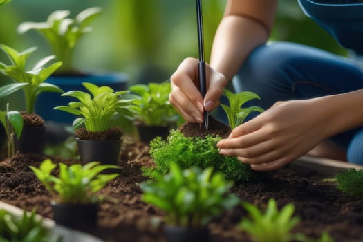 Young woman working with plants in the garden. The concept of gardening and horticulture, planting plants