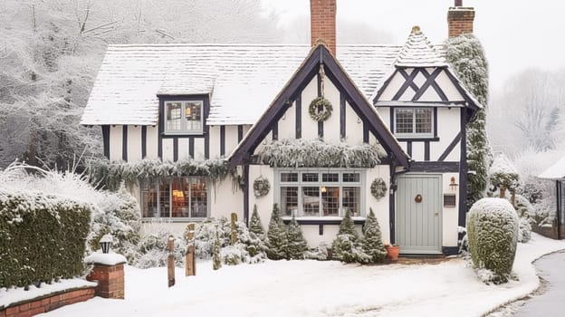 Beautiful country cottage decorated for Christmas on a snowy winter day, holiday and celebration, post-processed, generative ai